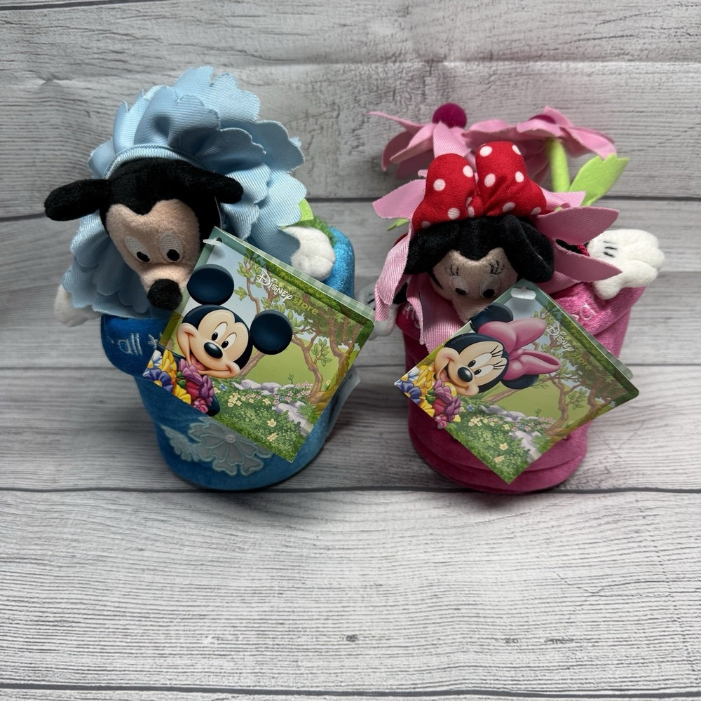 Valentines Minnie Mickey Mouse Flower Pot Plush &  Disney Store Blue Pink New